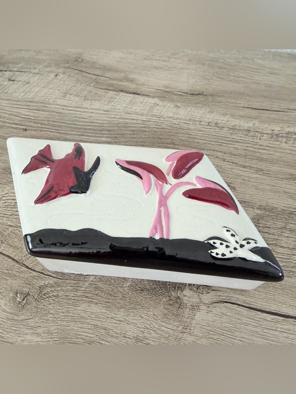 Vintage MCM Frazer Trinket Hand Painted Pink White Fish Ceramic Cigarette Box